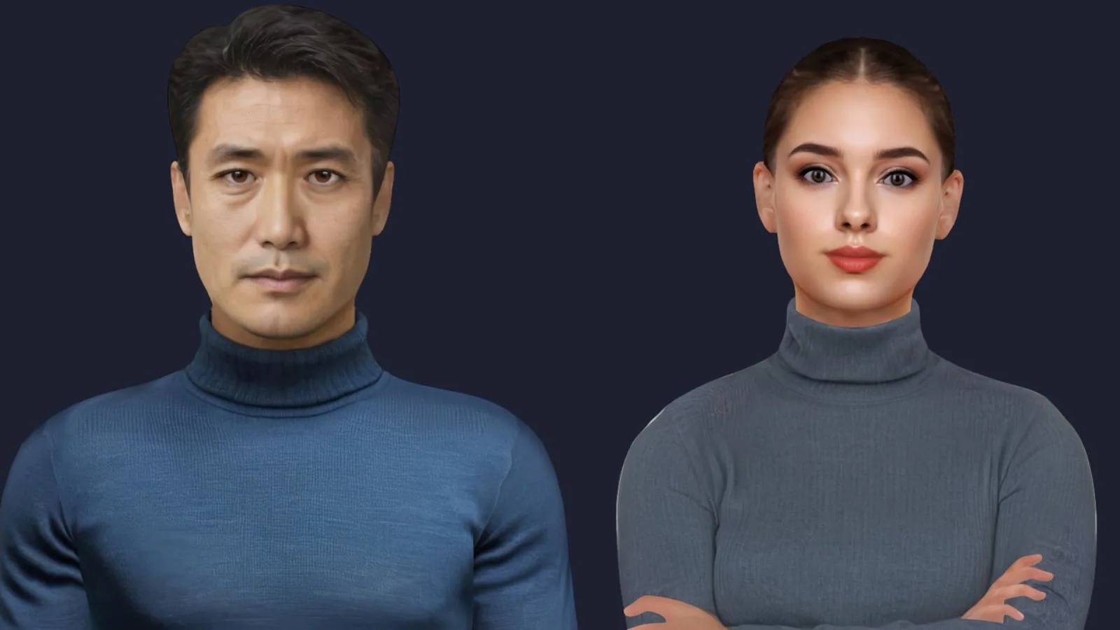 Two Ziddny conversational avatar examples, one male and one female, on a dark background