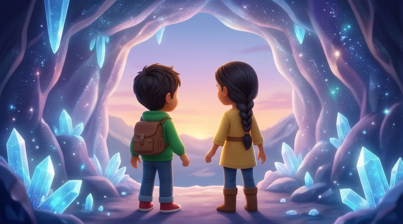 Two illustrated children exploring a glowing crystal cave in Ziddny World